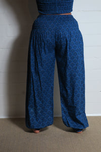 Buy now online, Emma&#39;s Emporium peacock Genie trousers, cotton loose fit trousers in Indian peacock print. Emma&#39;s Emporium online store, ethical alternative women&#39;s fashion; hippie festival clothing and accessories, ethically sourced from India.