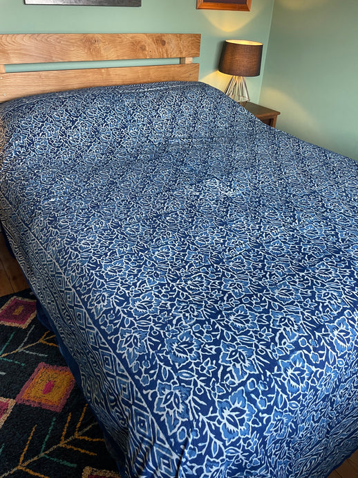 Buy now online from Emma's Emporium! King size 100% cotton hand block printed indigo Indian ethnic fair-trade bedspread.