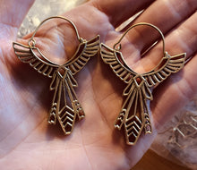 Load image into Gallery viewer, Eagle hoop earrings, hoop earrings, eagle hoops, feather earrings. Emma&#39;s Emporium brass jewellery. Tribal, Native American.
