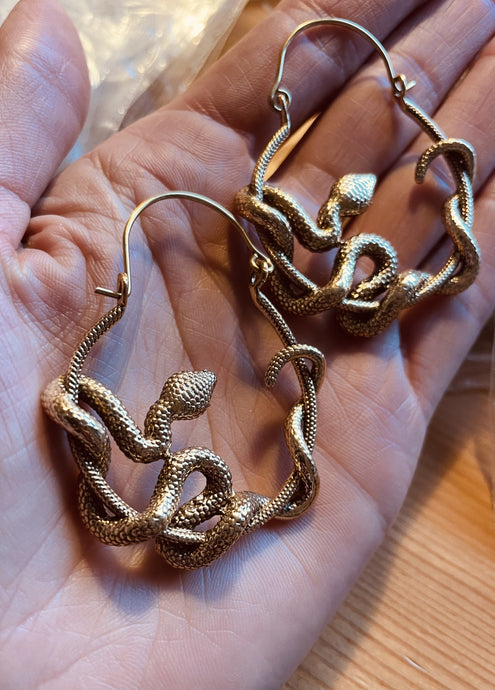 Emma's Emporium Brass Earrings; exotic twisted snake design large hoop earrings. Available to buy now online from Emma's Emporium clothing, jewellery and gifts.