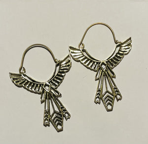 Eagle hoop earrings, hoop earrings, eagle hoops, feather earrings. Emma's Emporium brass jewellery. Tribal, Native American.