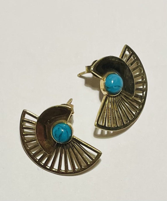 Emma's Emporium Brass Earrings; geometric fan shaped art deco design stud earrings. Available to buy now online from Emma's Emporium clothing, jewellery and gifts.