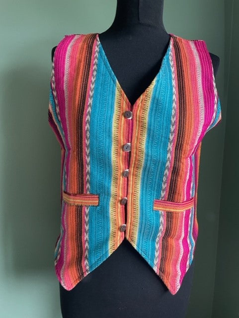 Buy now online from Emma's Emporium! Colourful geometric jacquard cotton unisex waistcoats, unique ethical hippy fashion!