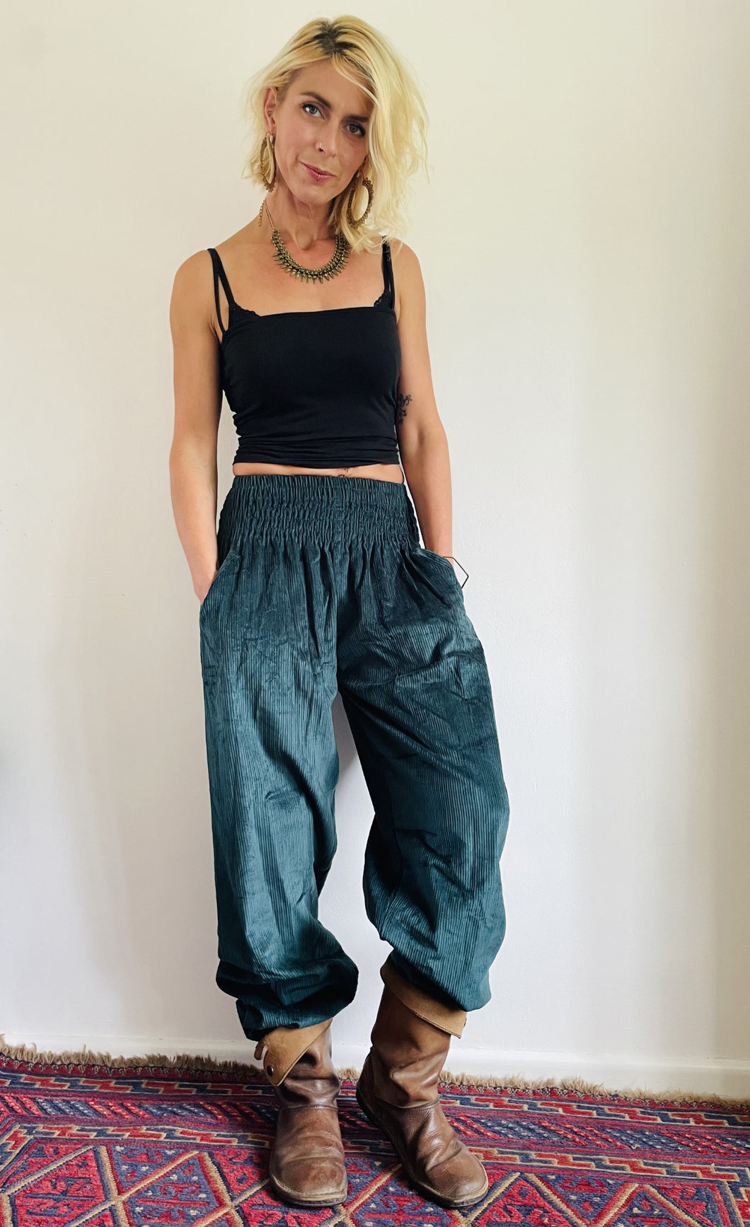 Emma's Emporium chunky cord genie trousers, unisex gender neutral corduroy hippie trousers with pockets