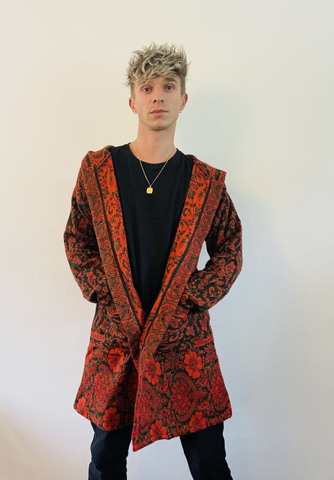 Emma's Emporium soft warm vegan wool unisex gender neutral long jacket cardigans with coconut button fastening, front pockets and oversized hood. Buy now from Emma's Emporium online shop for men and women's hippie festival clothing and gifts.